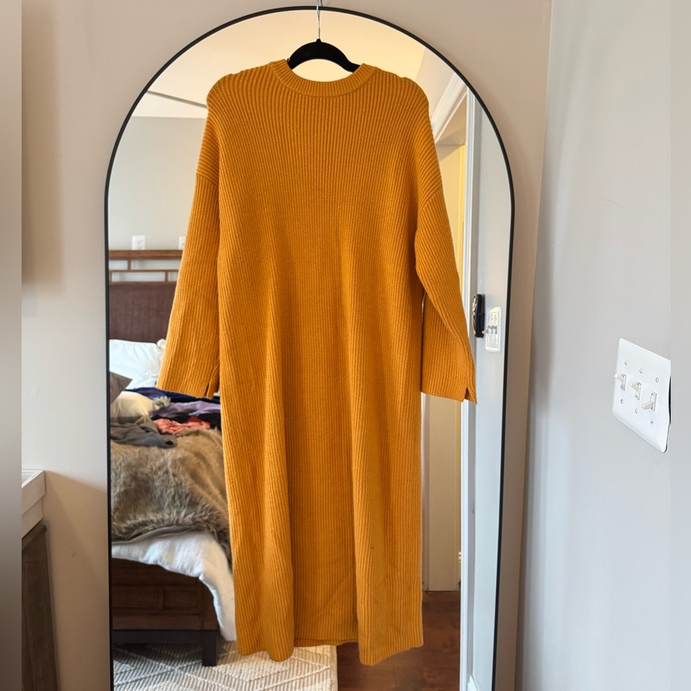 Mustard Ribbed Knit Midi Sweater Dress
